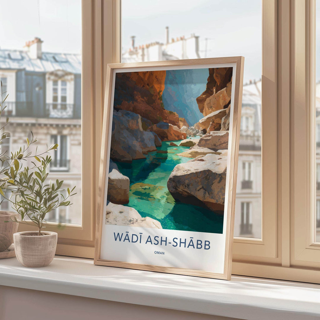 Wadi Ash-Shabb Poster - Oman Travel Art - Turquoise Canyon Stream Home Decor