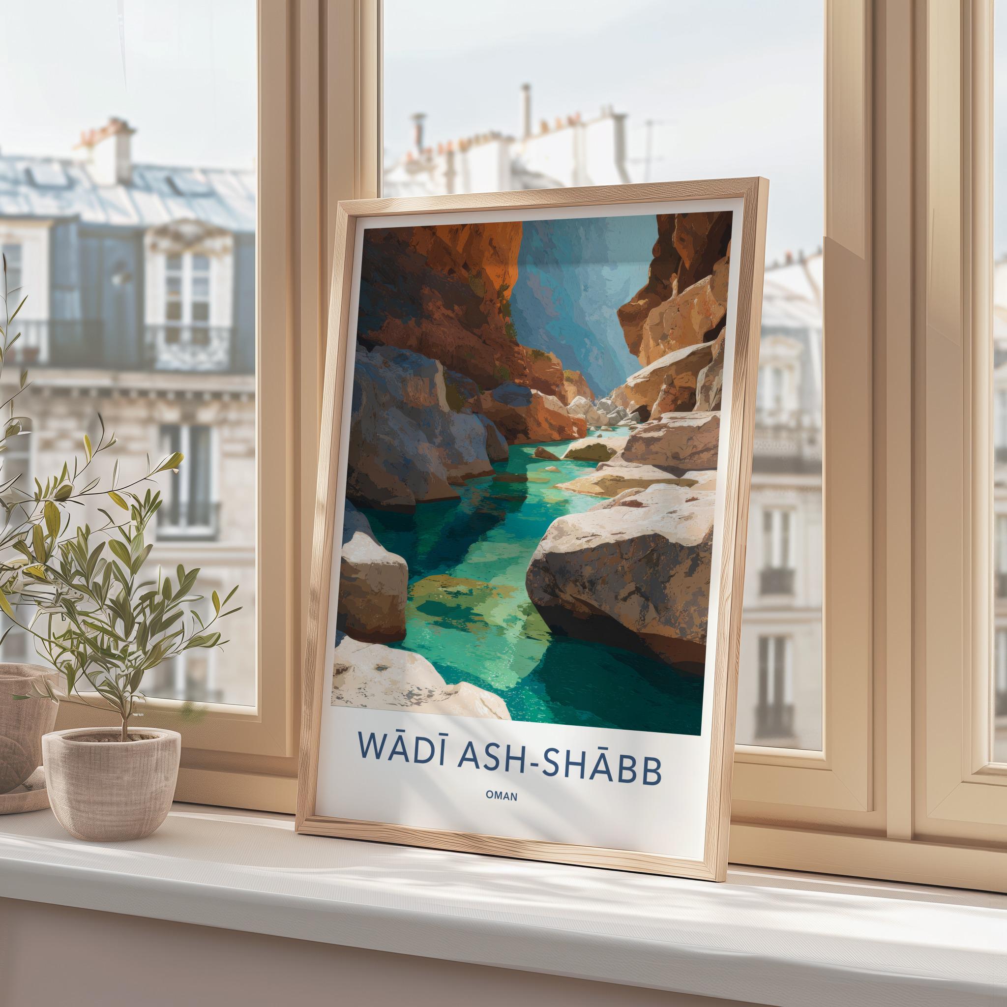 Wadi Ash-Shabb Poster - Oman Travel Art - Turquoise Canyon Stream Home Decor