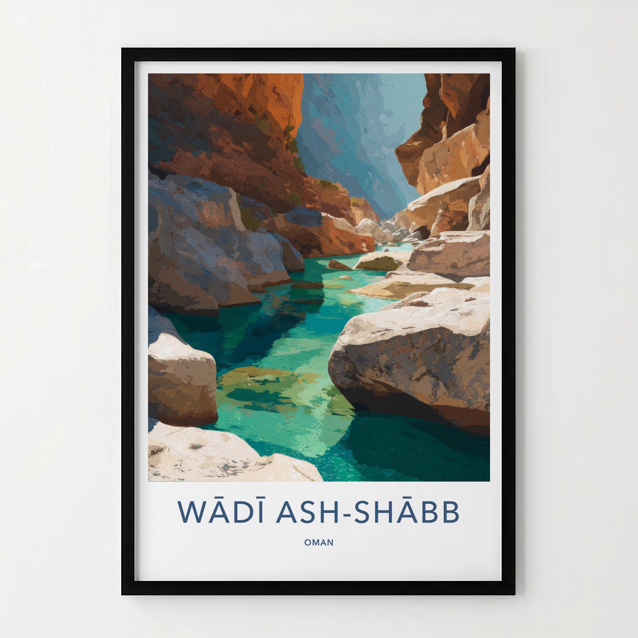 Wadi Ash-Shabb Poster - Oman Travel Art - Turquoise Canyon Stream Home Decor