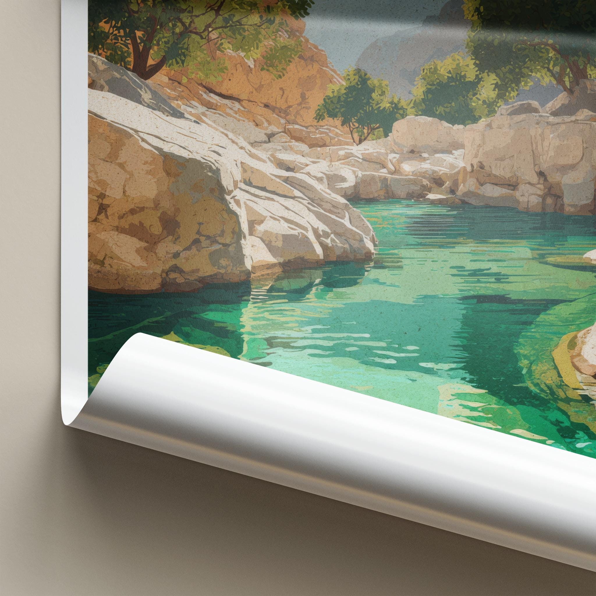 Wadi Bani Khalid Poster - Oman Travel Art - Turquoise Water Oasis Home Decor