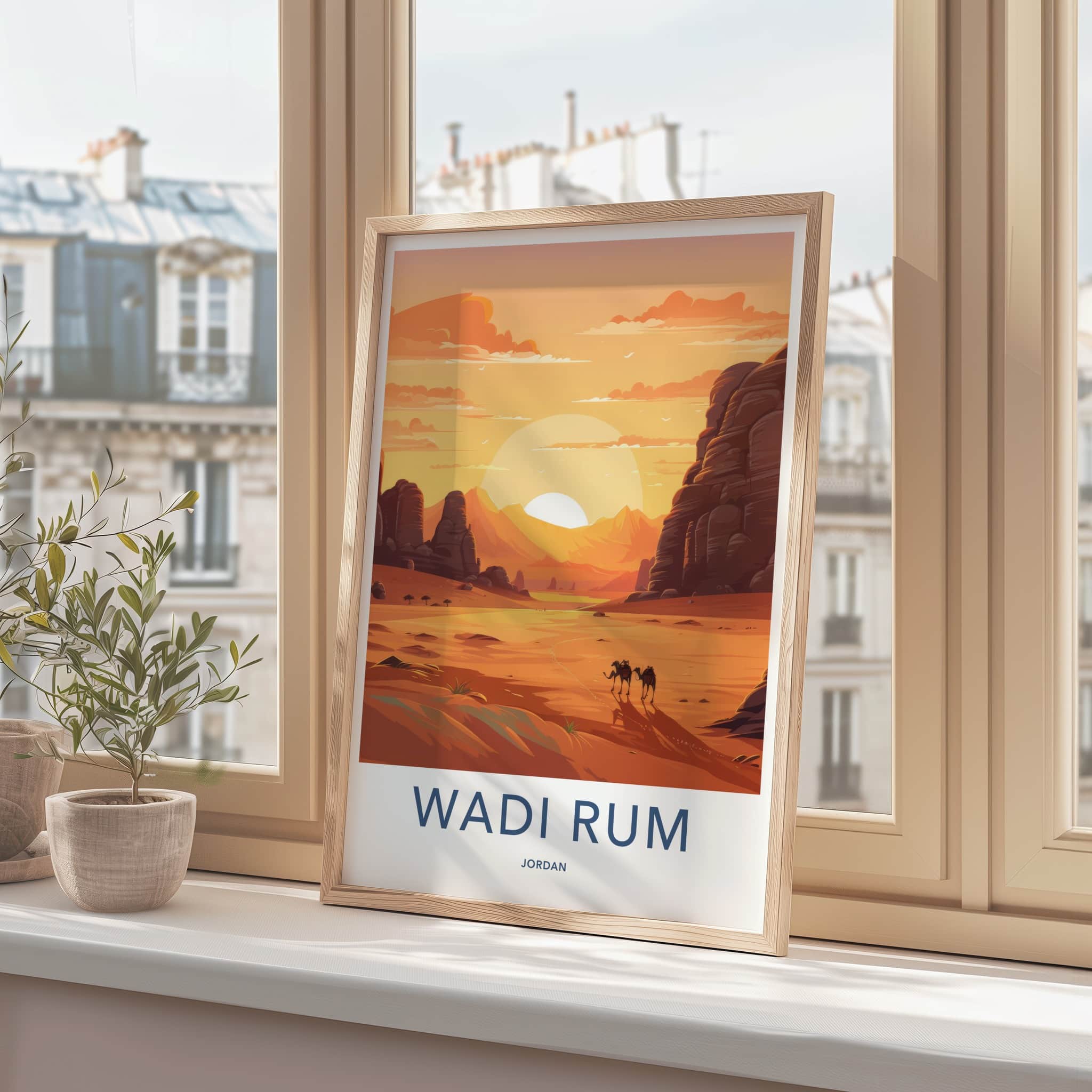 WADI RUM Poster - Jordan Travel Art - Desert Camels Sunset Home Decor