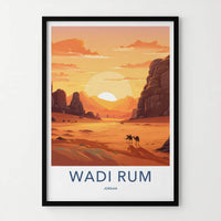 WADI RUM Poster - Jordan Travel Art - Desert Camels Sunset Home Decor