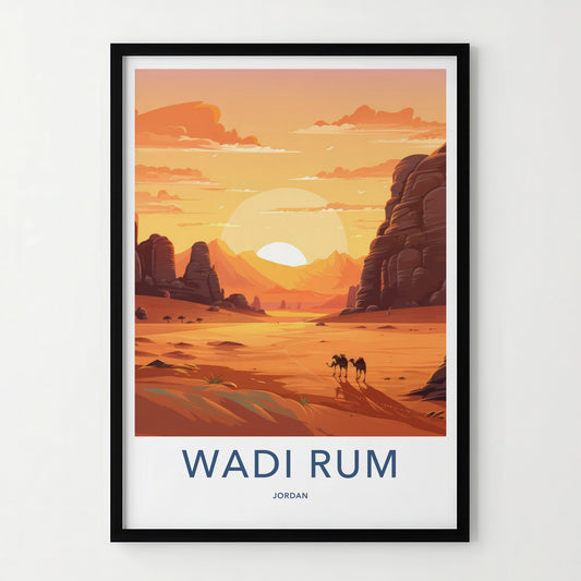 WADI RUM Poster - Jordan Travel Art - Desert Camels Sunset Home Decor