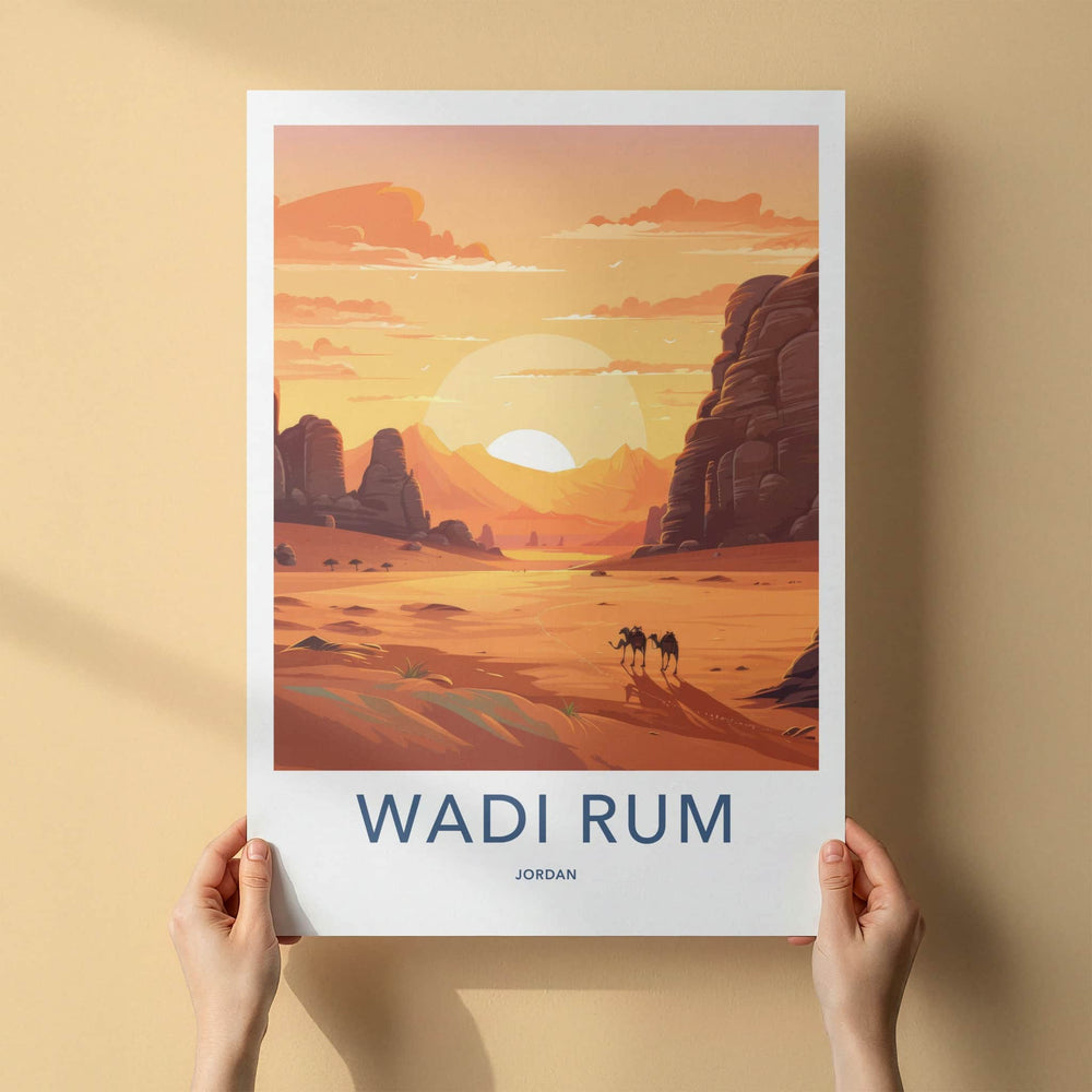WADI RUM Poster - Jordan Travel Art - Desert Camels Sunset Home Decor