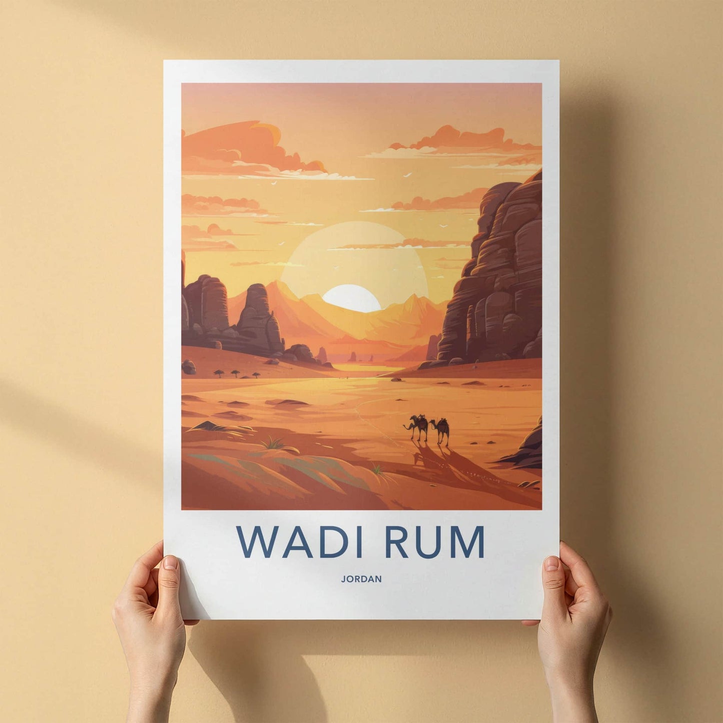 WADI RUM Poster - Jordan Travel Art - Desert Camels Sunset Home Decor