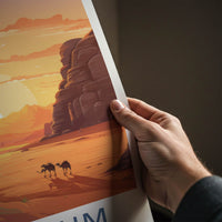WADI RUM Poster - Jordan Travel Art - Desert Camels Sunset Home Decor
