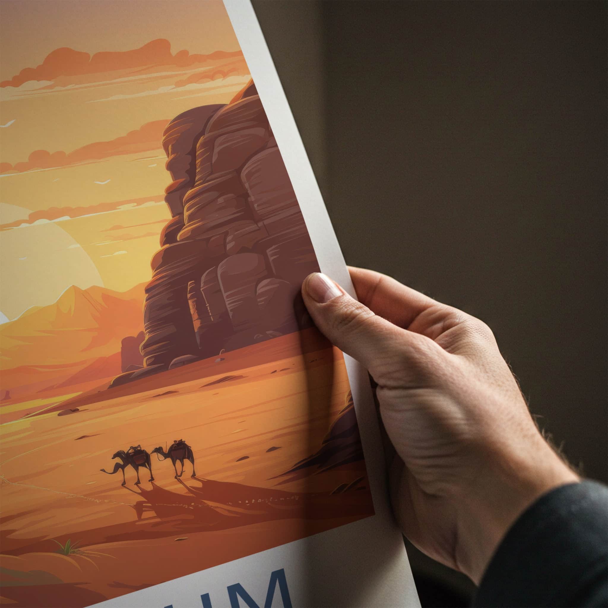 WADI RUM Poster - Jordan Travel Art - Desert Camels Sunset Home Decor