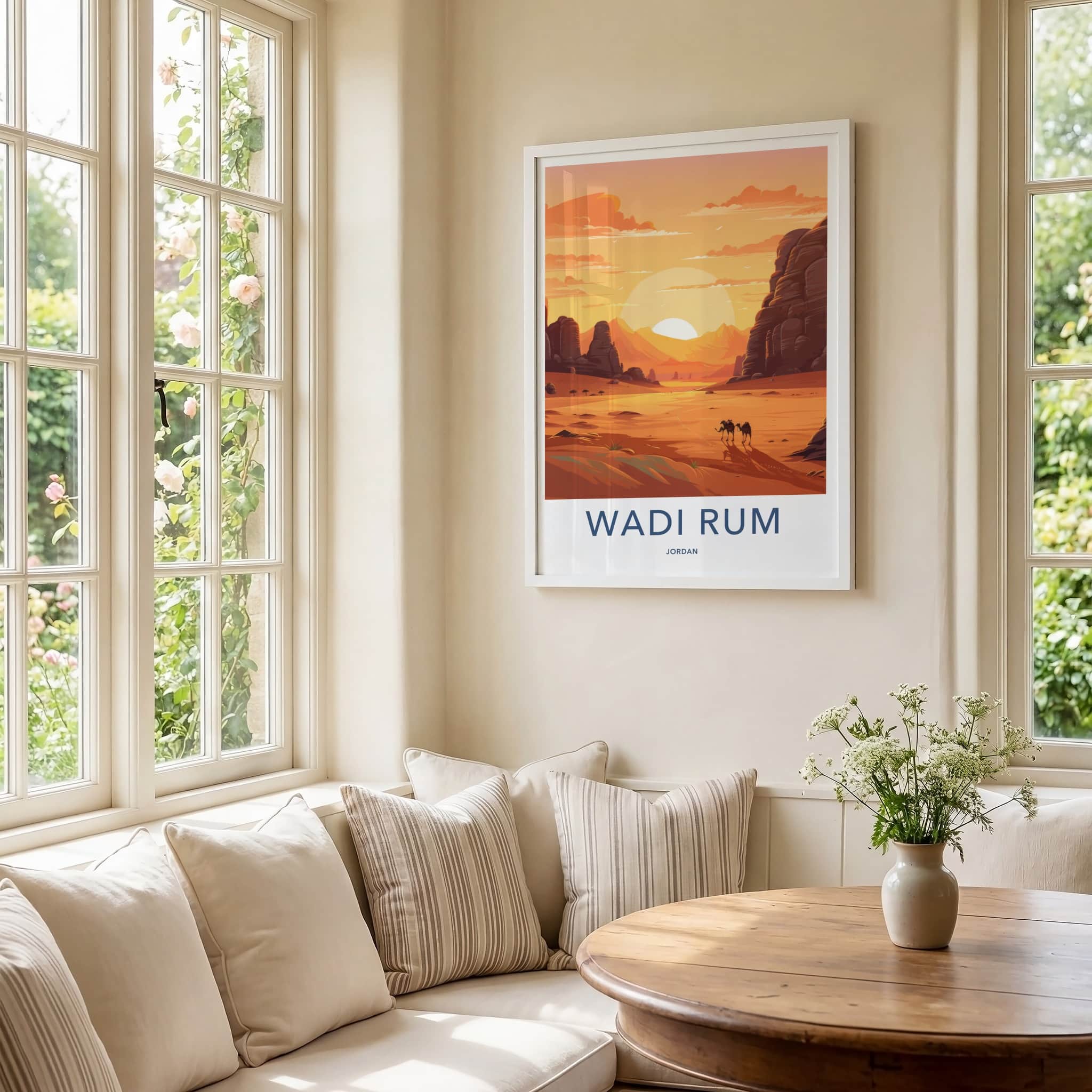 WADI RUM Poster - Jordan Travel Art - Desert Camels Sunset Home Decor