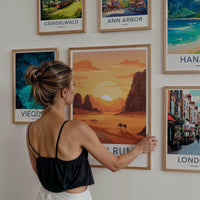 WADI RUM Poster - Jordan Travel Art - Desert Camels Sunset Home Decor