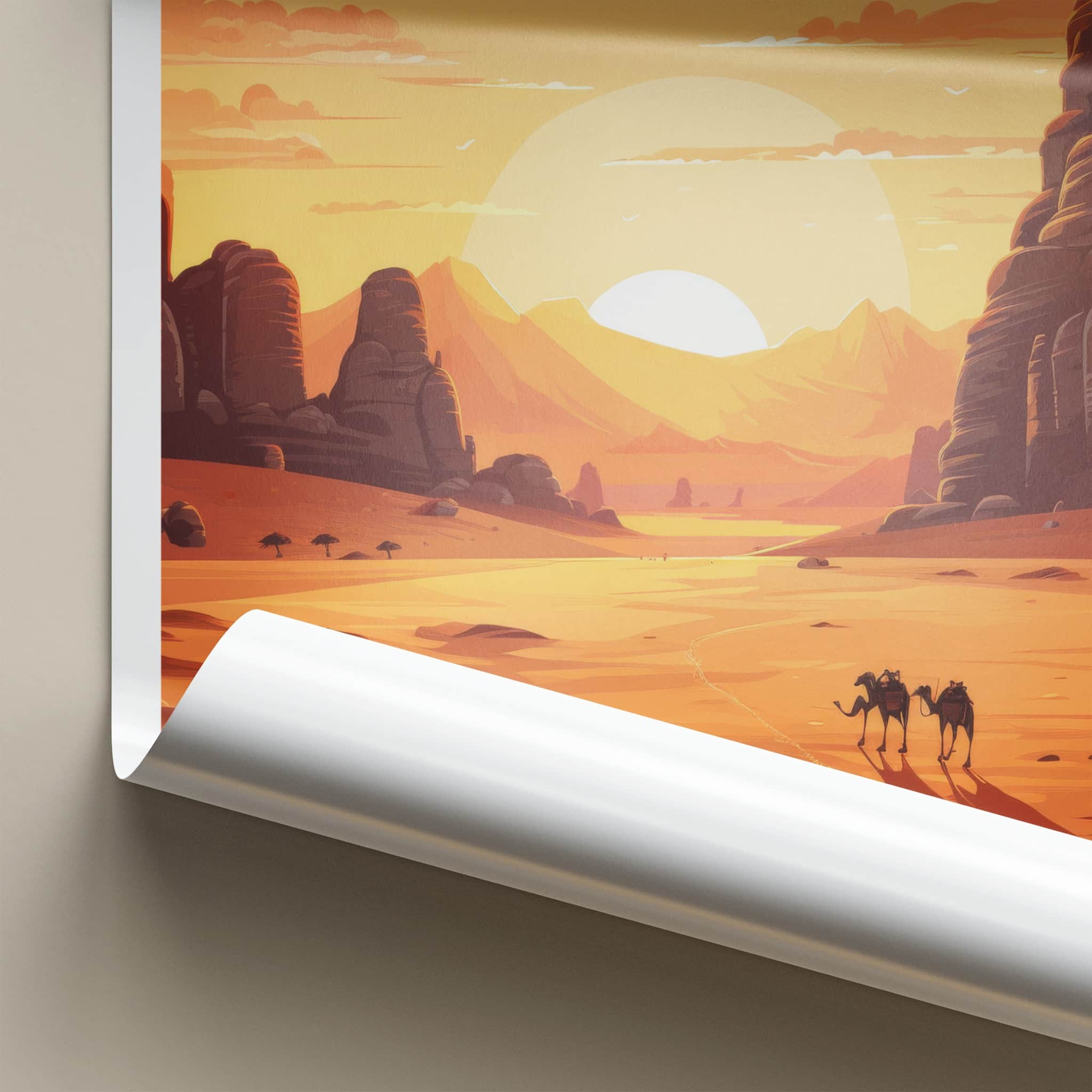 WADI RUM Poster - Jordan Travel Art - Desert Camels Sunset Home Decor