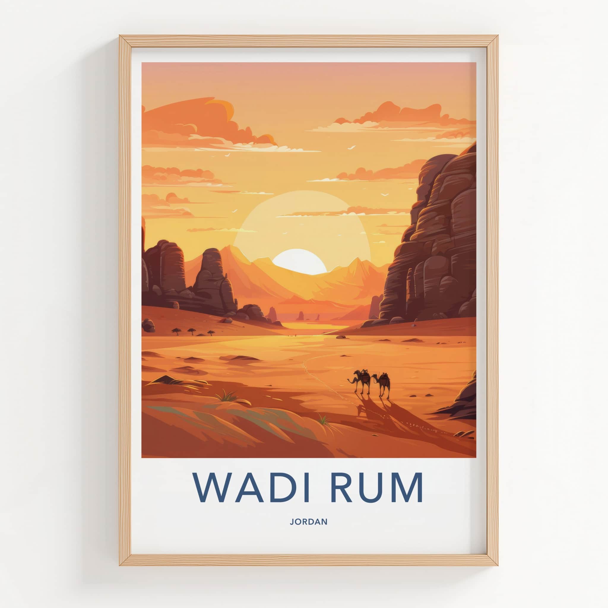 WADI RUM Poster - Jordan Travel Art - Desert Camels Sunset Home Decor