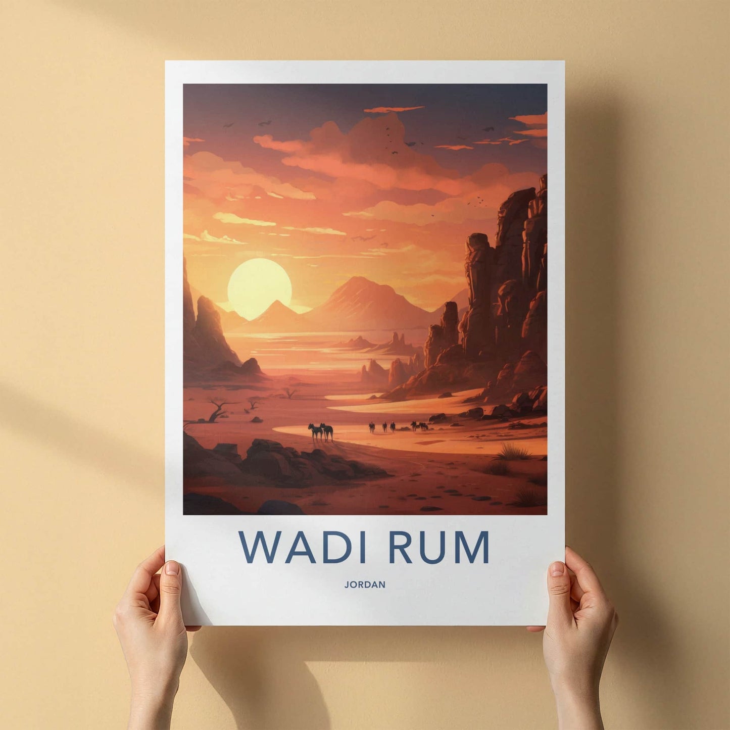 Wadi Rum Poster - Jordan Travel Art - Desert Sunset Caravan Home Decor