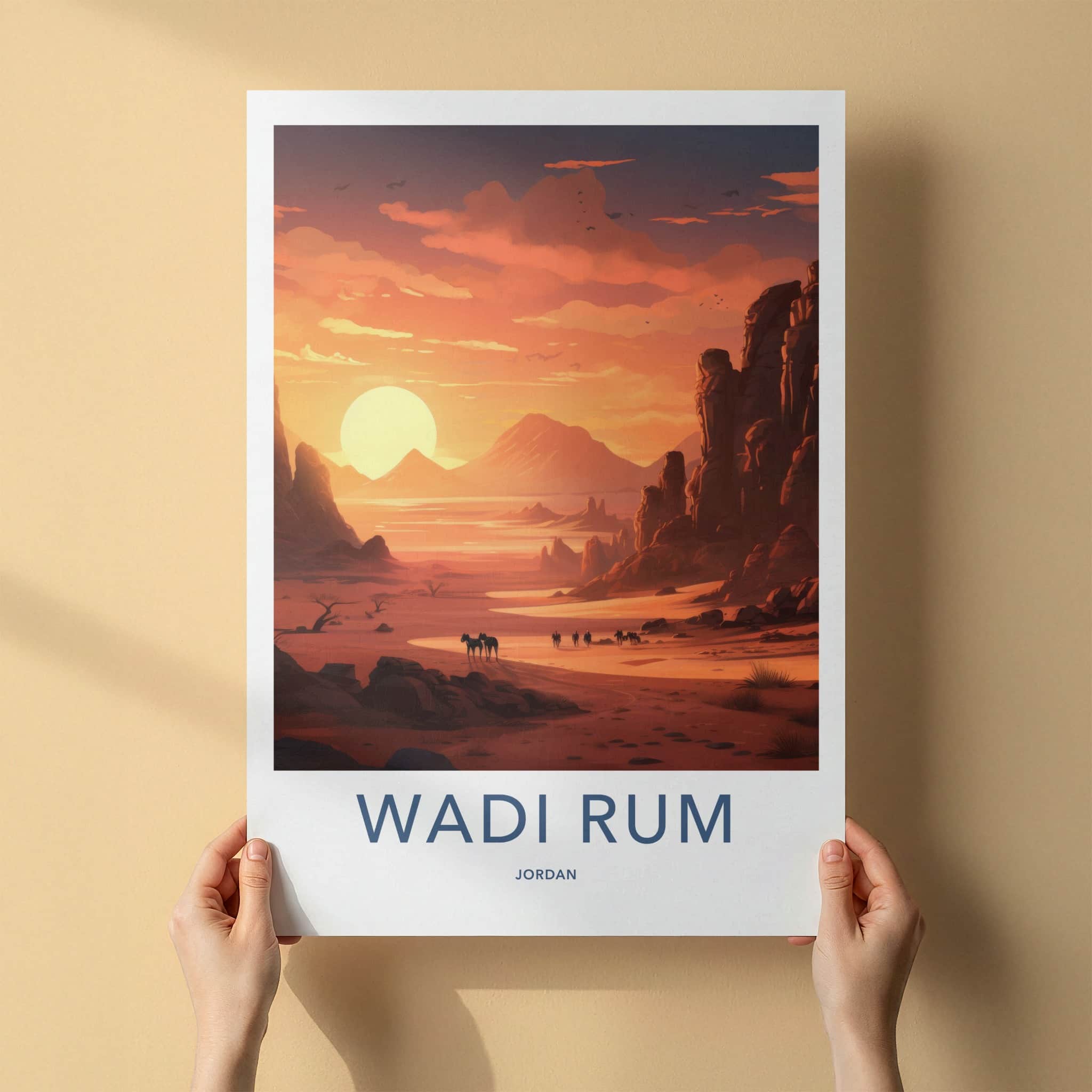 Wadi Rum Poster - Jordan Travel Art - Desert Sunset Caravan Home Decor