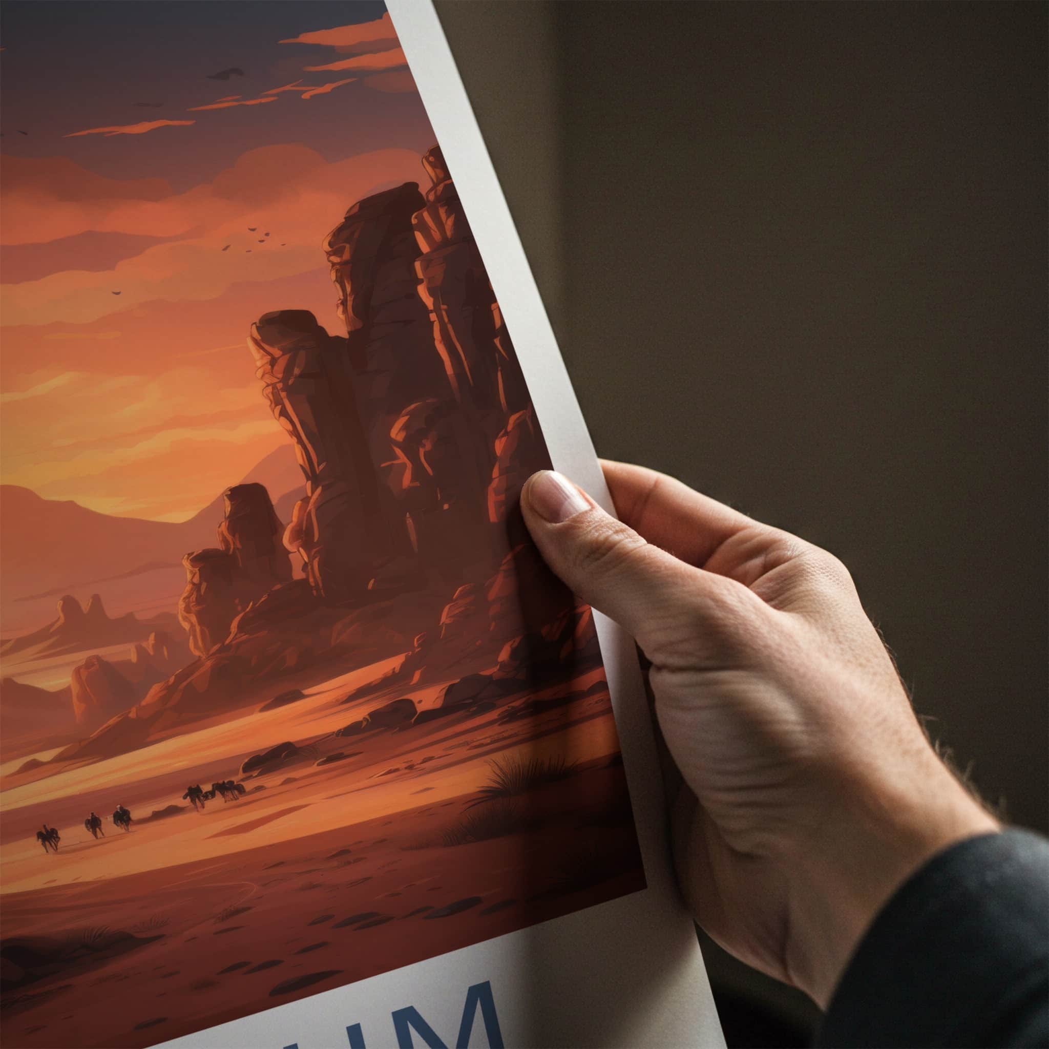 Wadi Rum Poster - Jordan Travel Art - Desert Sunset Caravan Home Decor