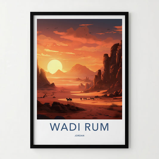 Wadi Rum Poster - Jordan Travel Art - Desert Sunset Caravan Home Decor