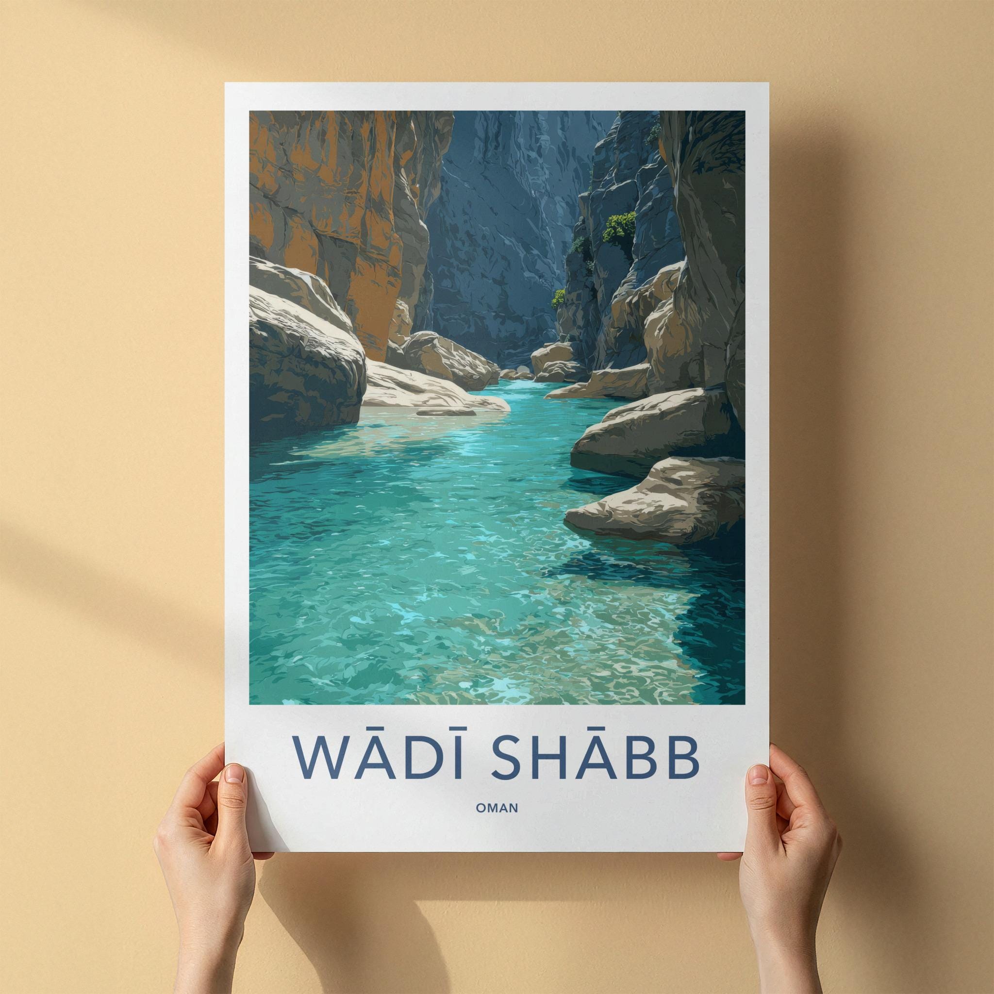 Wadi Shabb Poster - Oman Travel Art - Turquoise Water Canyon Wall Decor