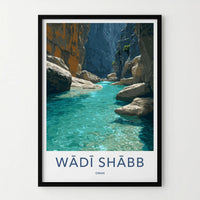 Wadi Shabb Poster - Oman Travel Art - Turquoise Water Canyon Wall Decor