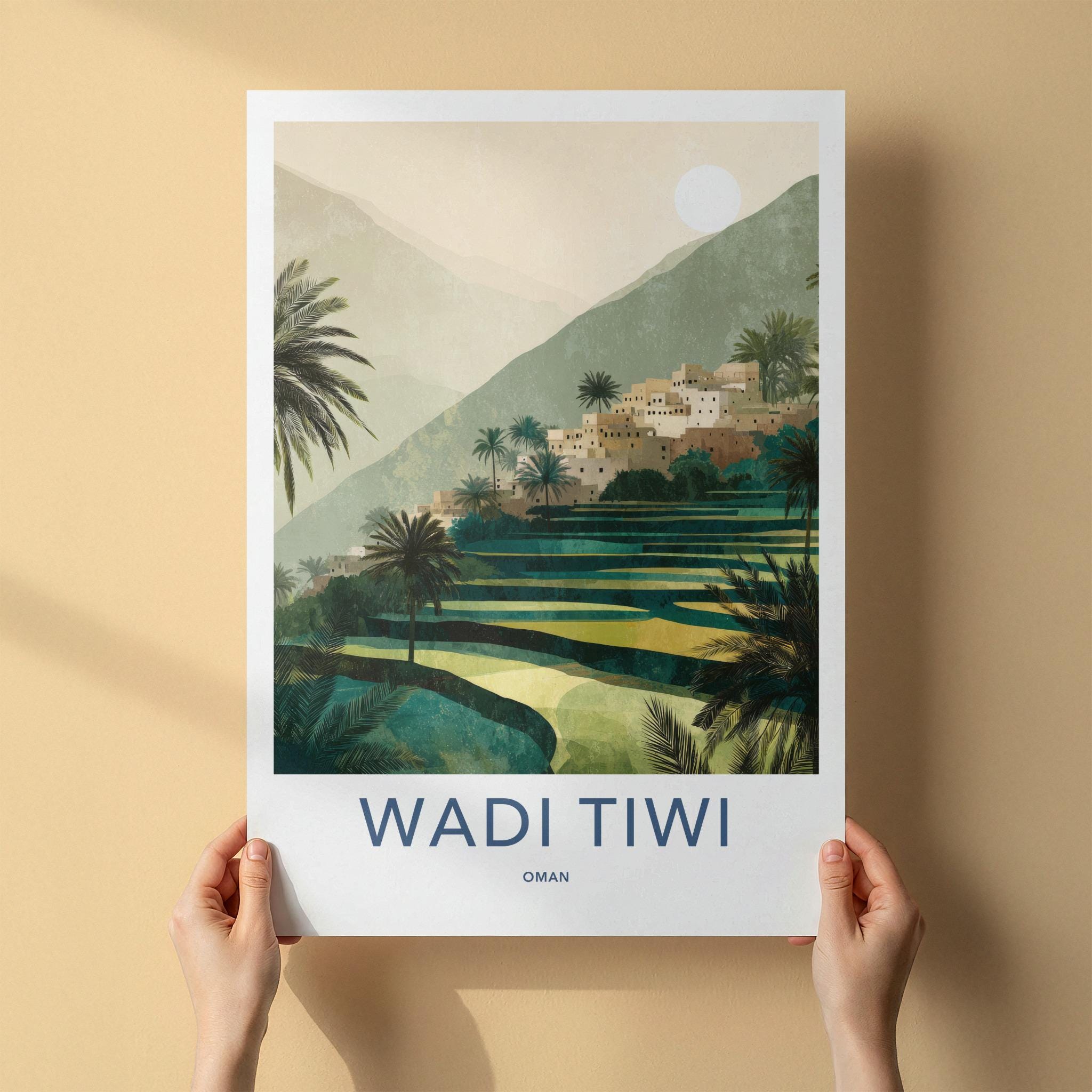 Wadi Tiwi Poster - Oman Travel Art - Green Terraced Village Home Decor