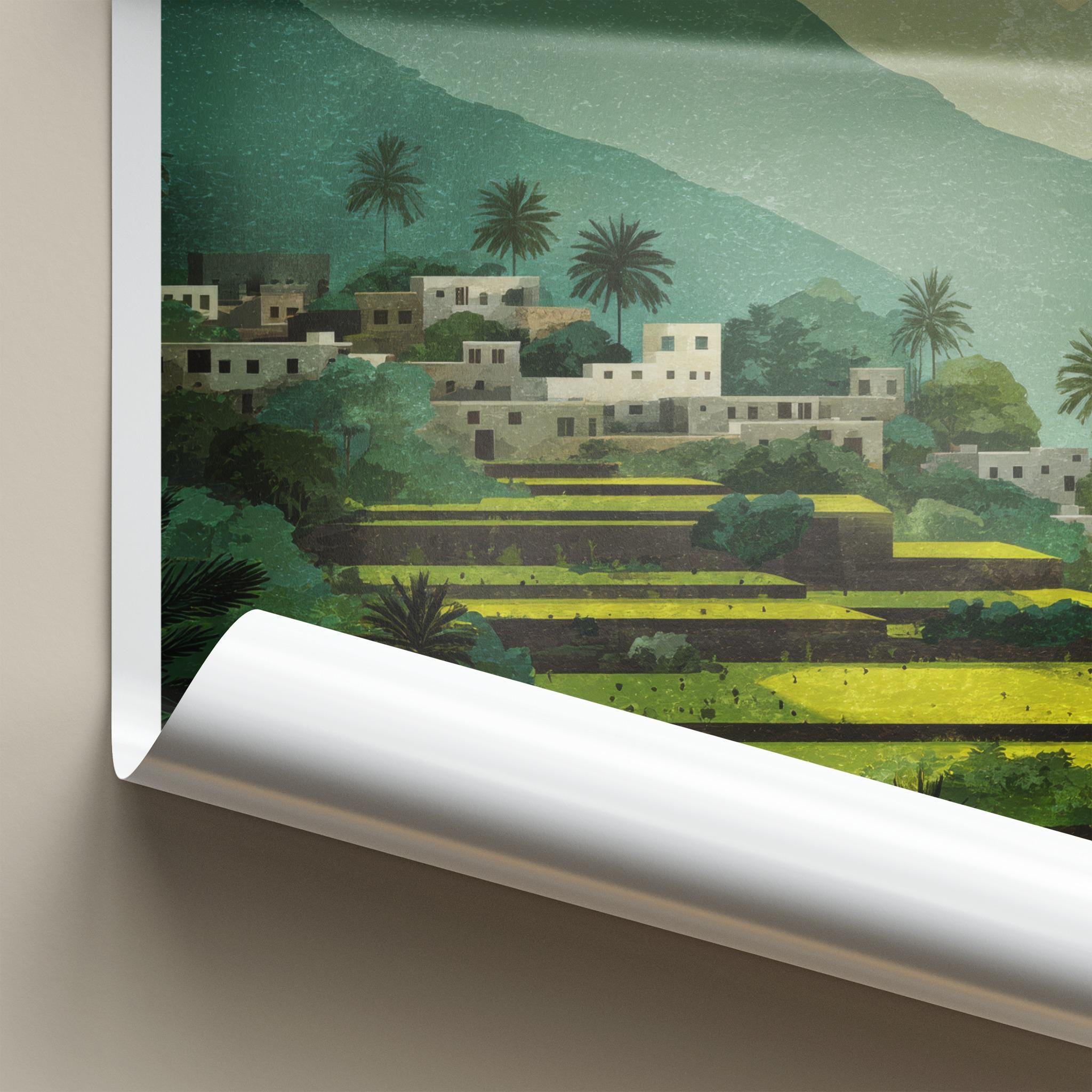Wadi Tiwi Poster - Oman Travel Art - Lush terraced landscape Home Decor