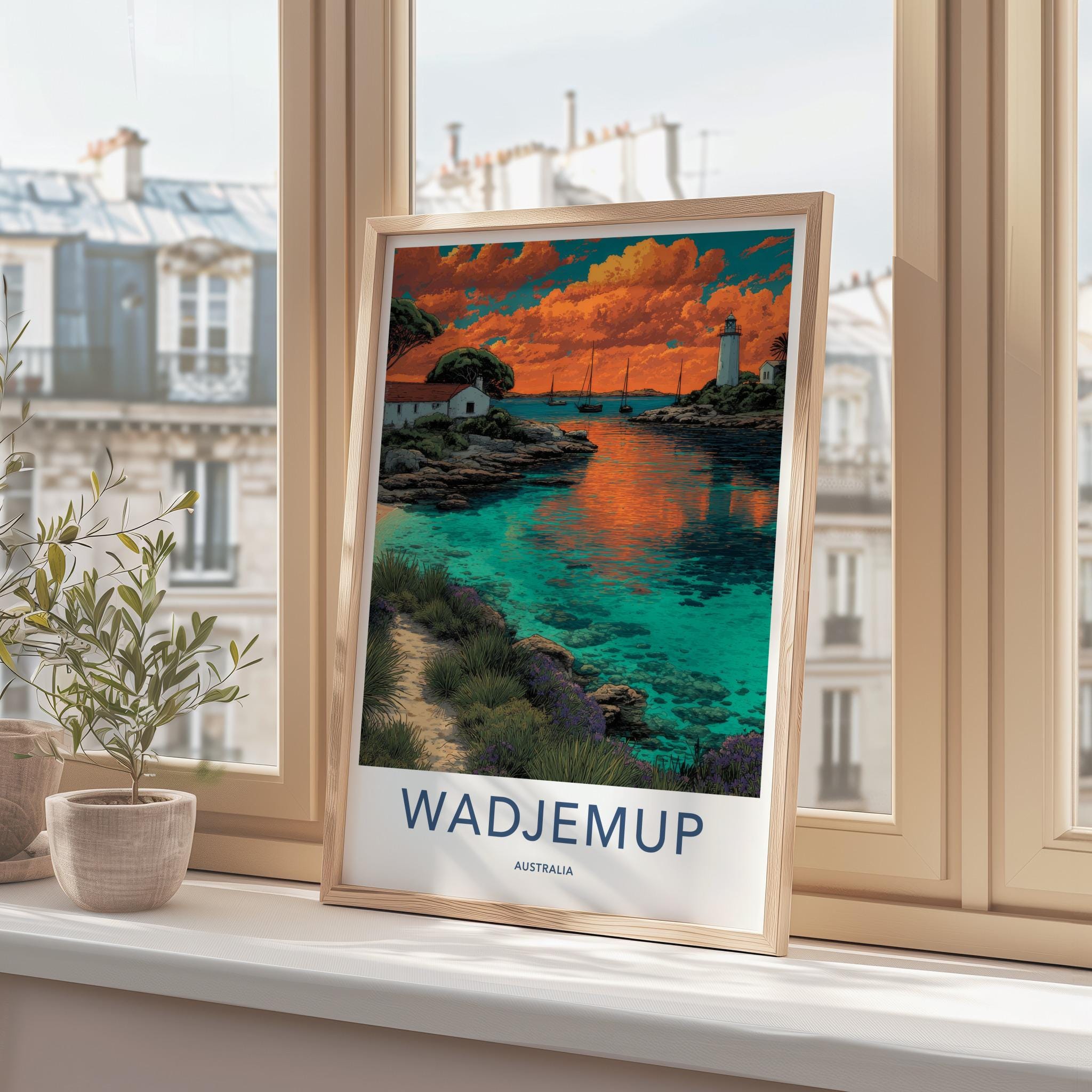 Wadjemup Poster - Australia Travel Art - Lighthouse Coastal Sunset Home Decor