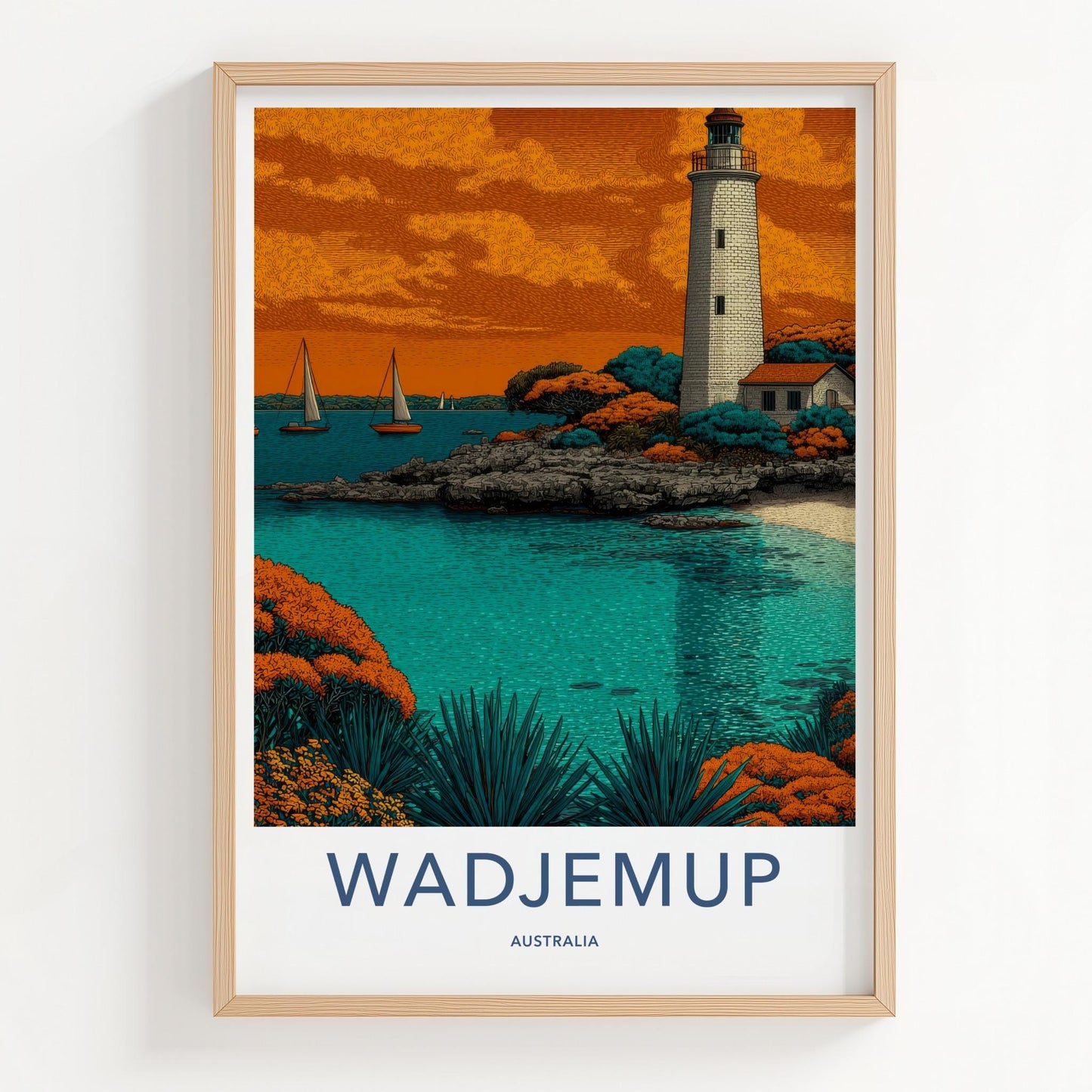 Wadjemup Poster - Australia Travel Art - Ocean Lighthouse Boats Home Decor