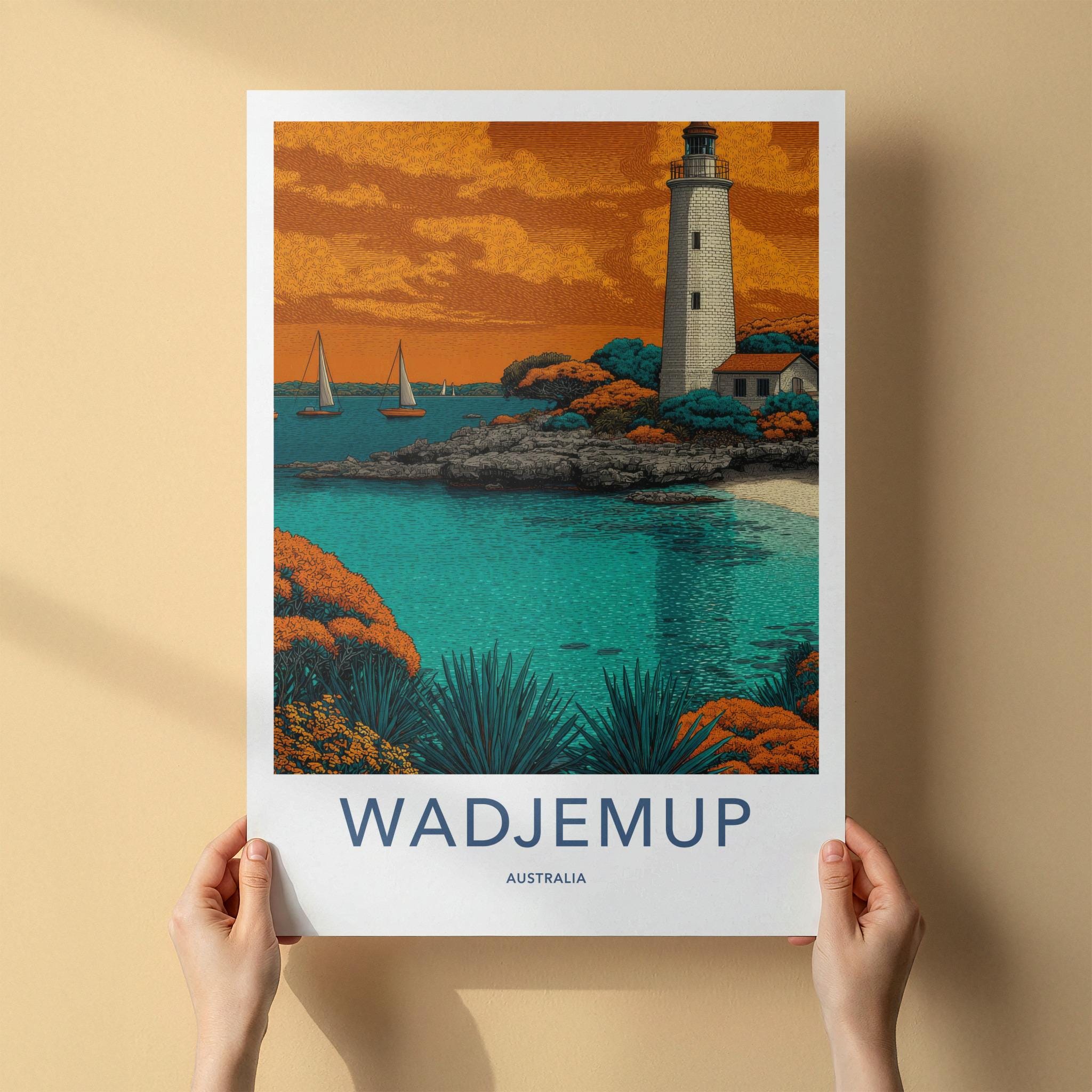 Wadjemup Poster - Australia Travel Art - Ocean Lighthouse Boats Home Decor