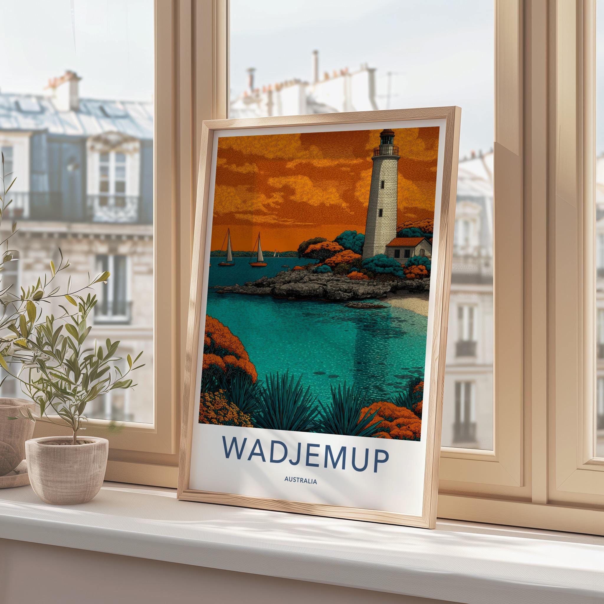 Wadjemup Poster - Australia Travel Art - Ocean Lighthouse Boats Home Decor