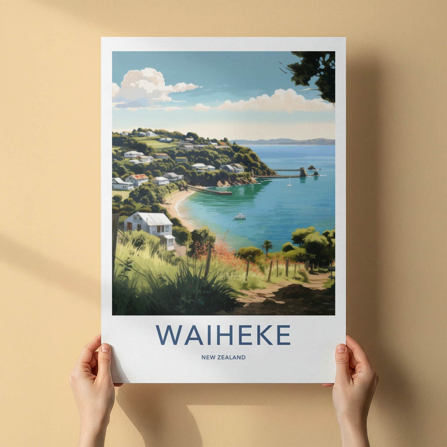 Waiheke Poster - New Zealand Travel Art - Coastal Bay Houses Home Decor