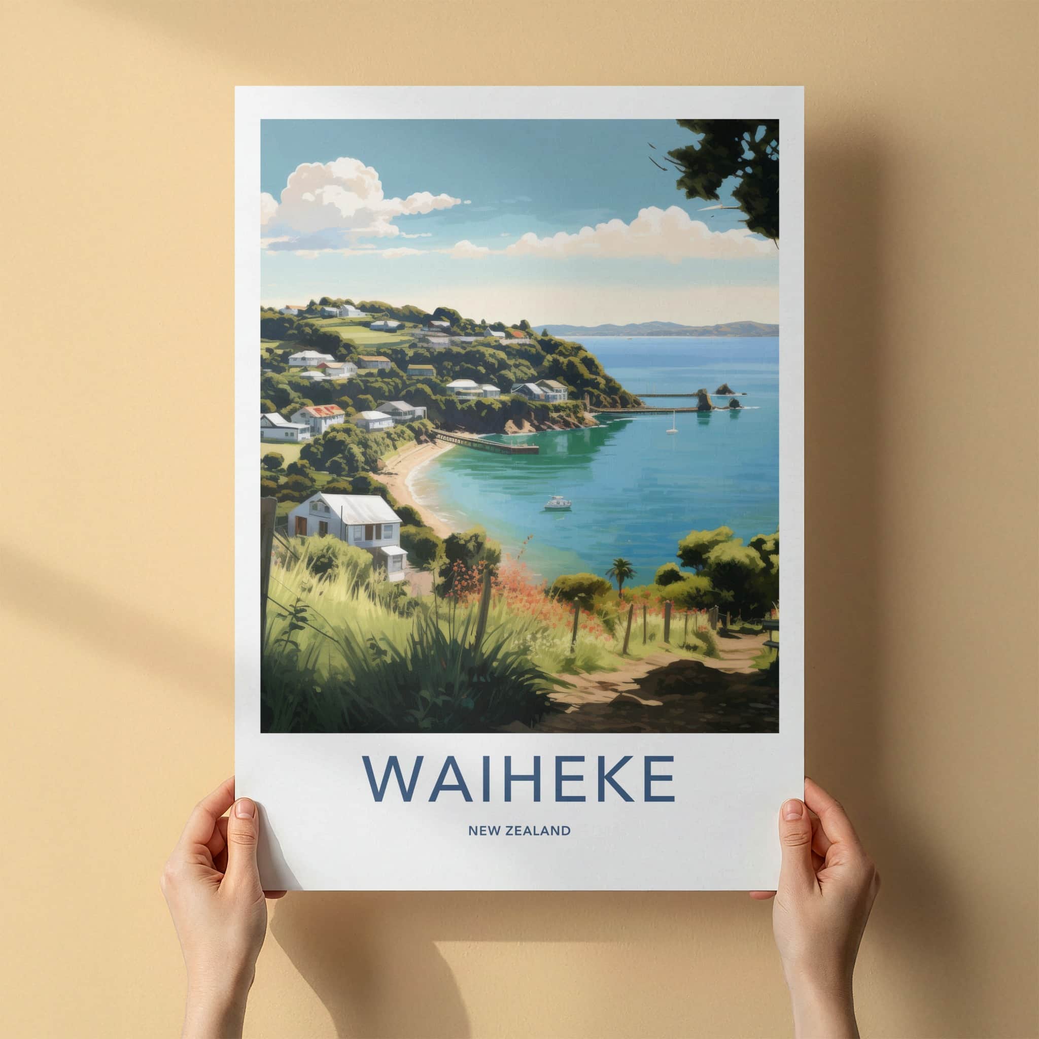 Waiheke Poster - New Zealand Travel Art - Coastal Bay Houses Home Decor