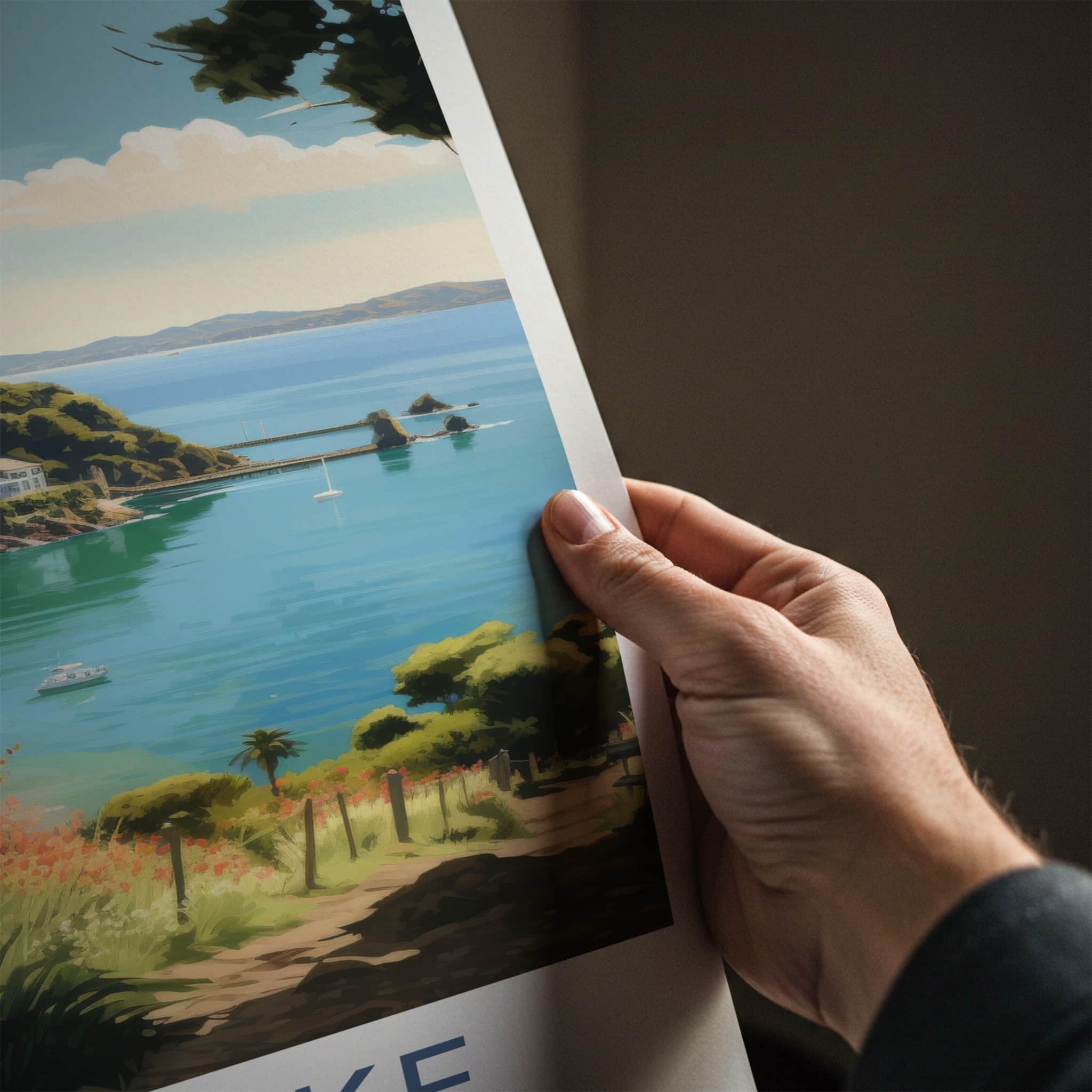Waiheke Poster - New Zealand Travel Art - Coastal Bay Houses Home Decor