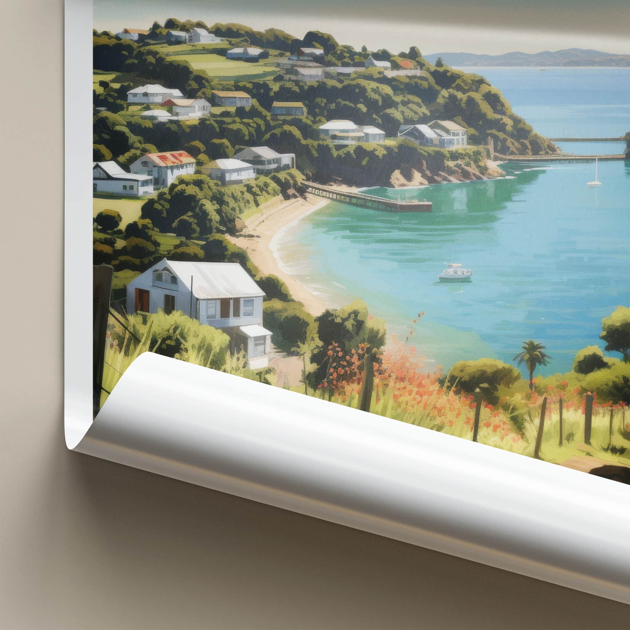 Waiheke Poster - New Zealand Travel Art - Coastal Bay Houses Home Decor