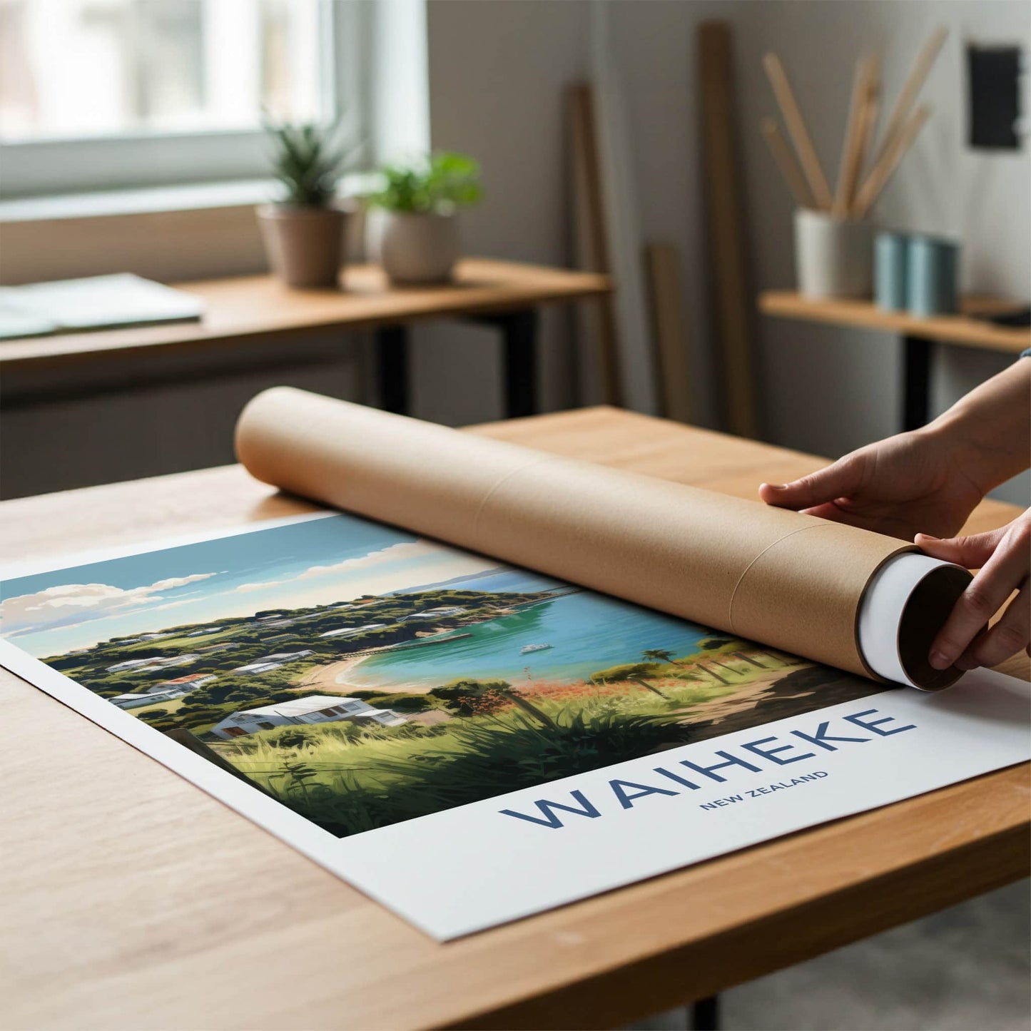 Waiheke Poster - New Zealand Travel Art - Coastal Bay Houses Home Decor