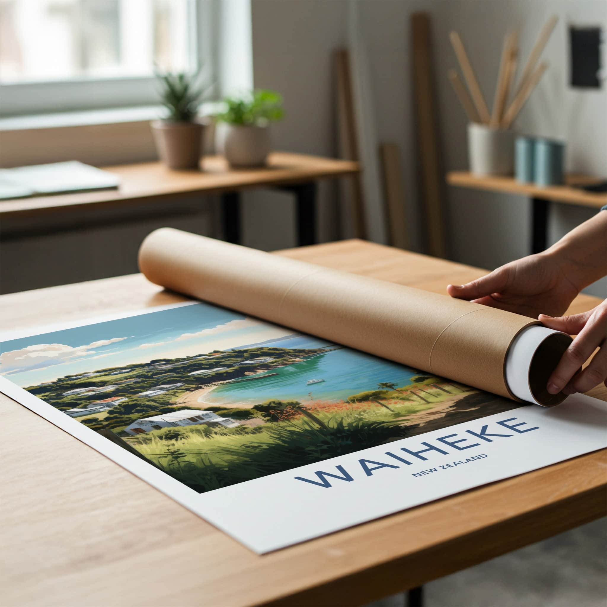 Waiheke Poster - New Zealand Travel Art - Coastal Bay Houses Home Decor