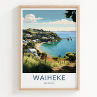 Waiheke Poster - New Zealand Travel Art - Coastal Bay Houses Home Decor