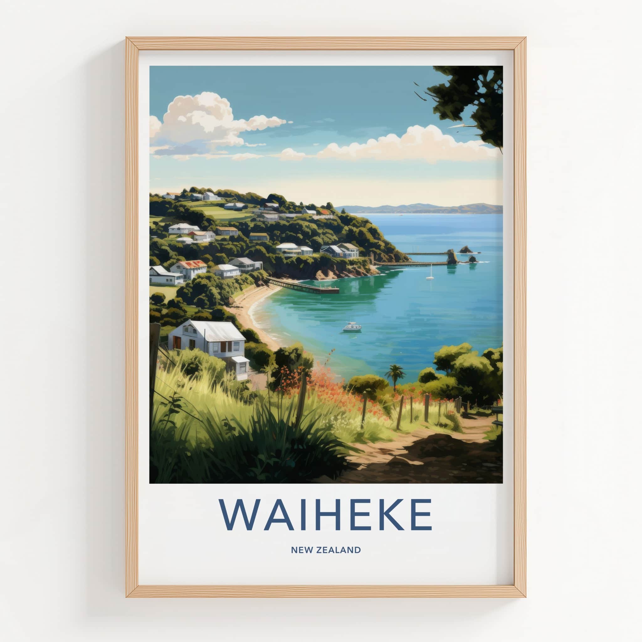 Waiheke Poster - New Zealand Travel Art - Coastal Bay Houses Home Decor