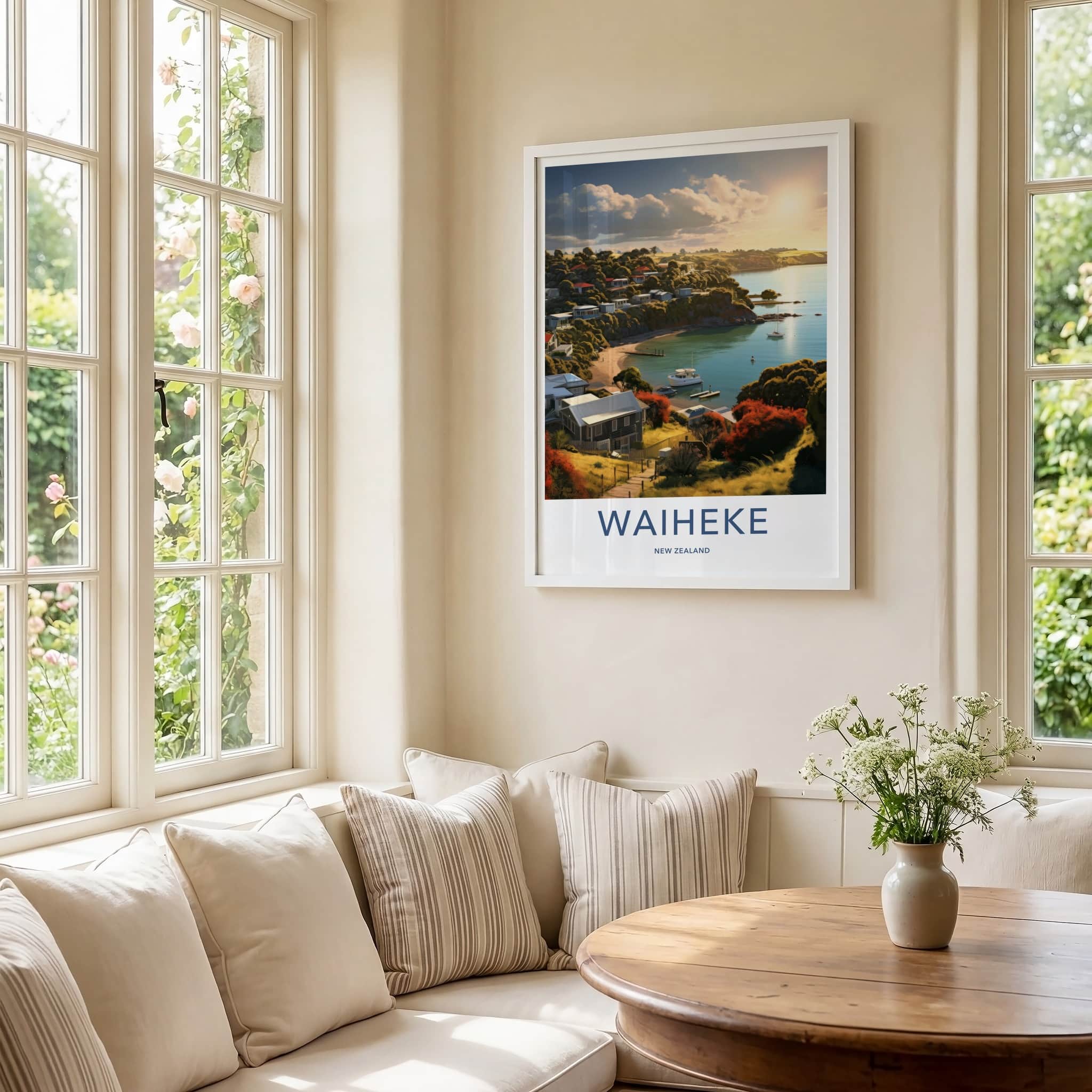 Waiheke Poster - New Zealand Travel Art - Golden Hour Cove Home Decor