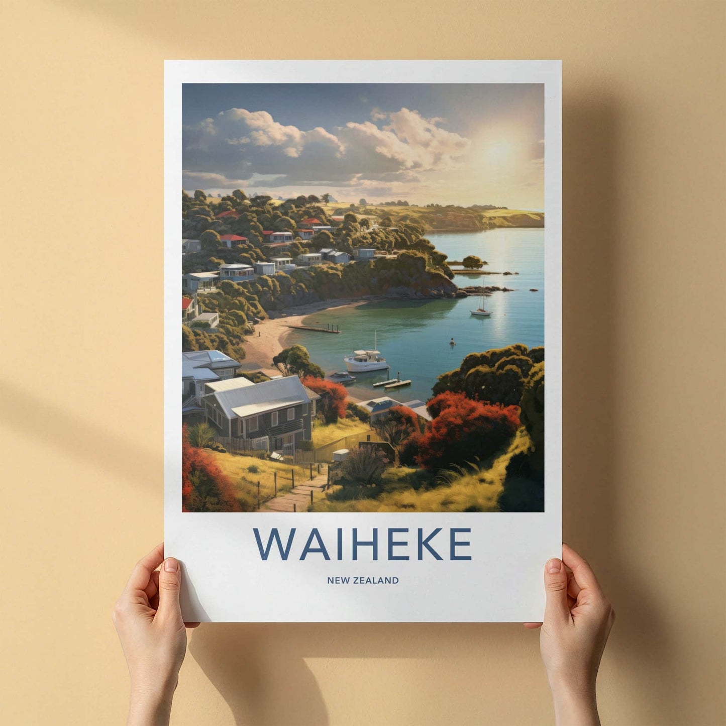 Waiheke Poster - New Zealand Travel Art - Golden Hour Cove Home Decor