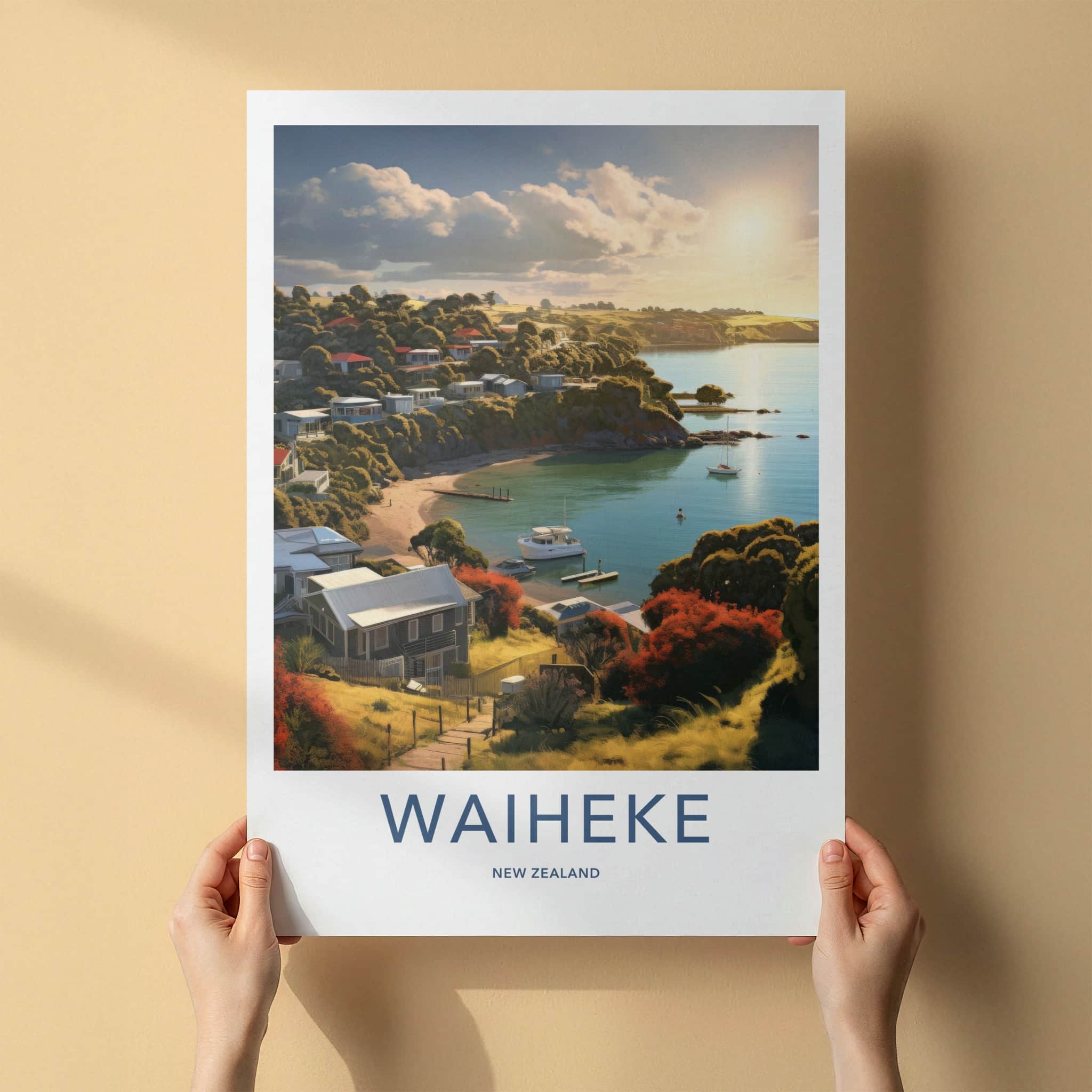 Waiheke Poster - New Zealand Travel Art - Golden Hour Cove Home Decor
