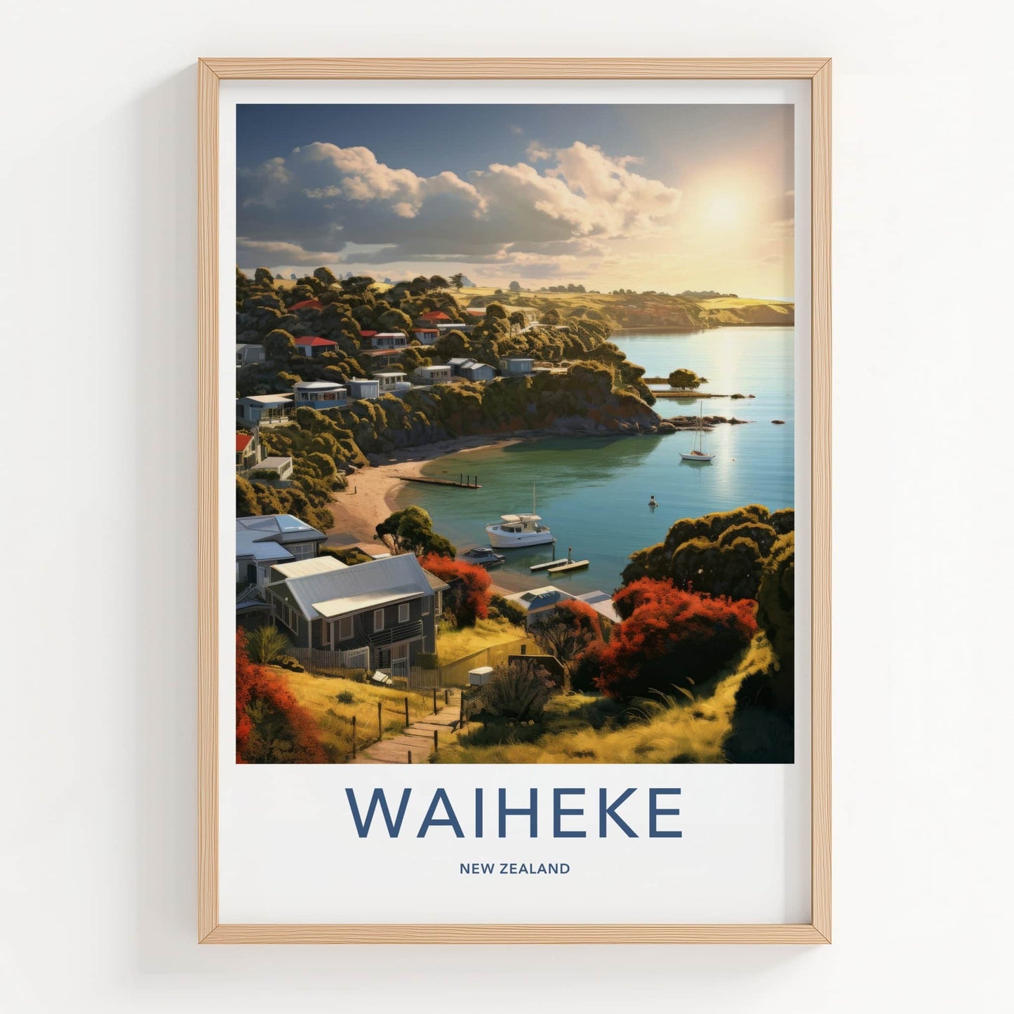 Waiheke Poster - New Zealand Travel Art - Golden Hour Cove Home Decor