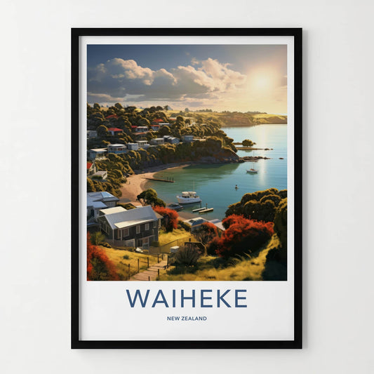 Waiheke Poster - New Zealand Travel Art - Golden Hour Cove Home Decor