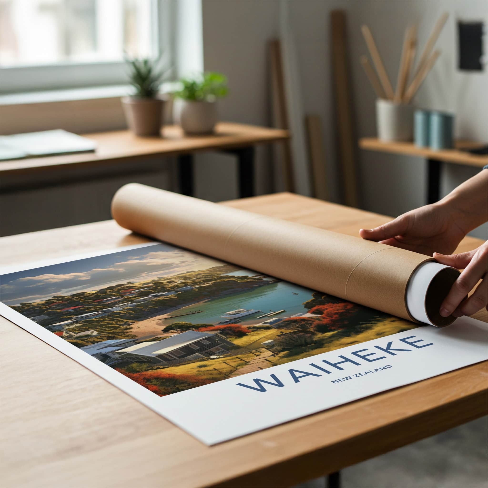 Waiheke Poster - New Zealand Travel Art - Golden Hour Cove Home Decor