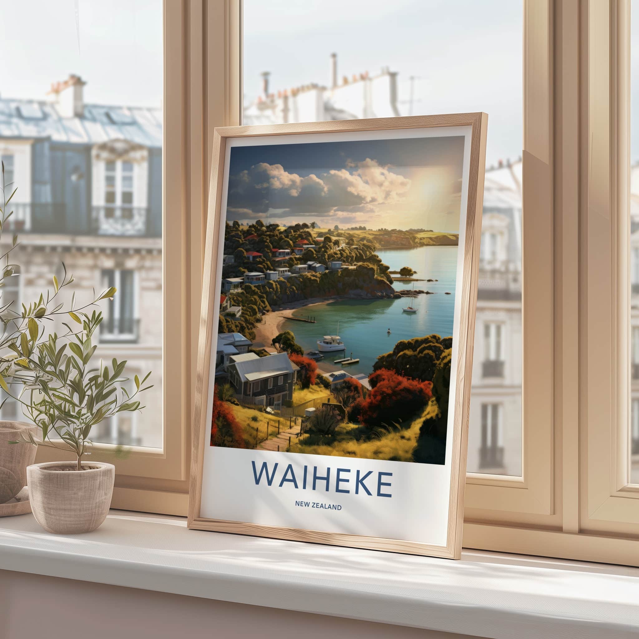 Waiheke Poster - New Zealand Travel Art - Golden Hour Cove Home Decor