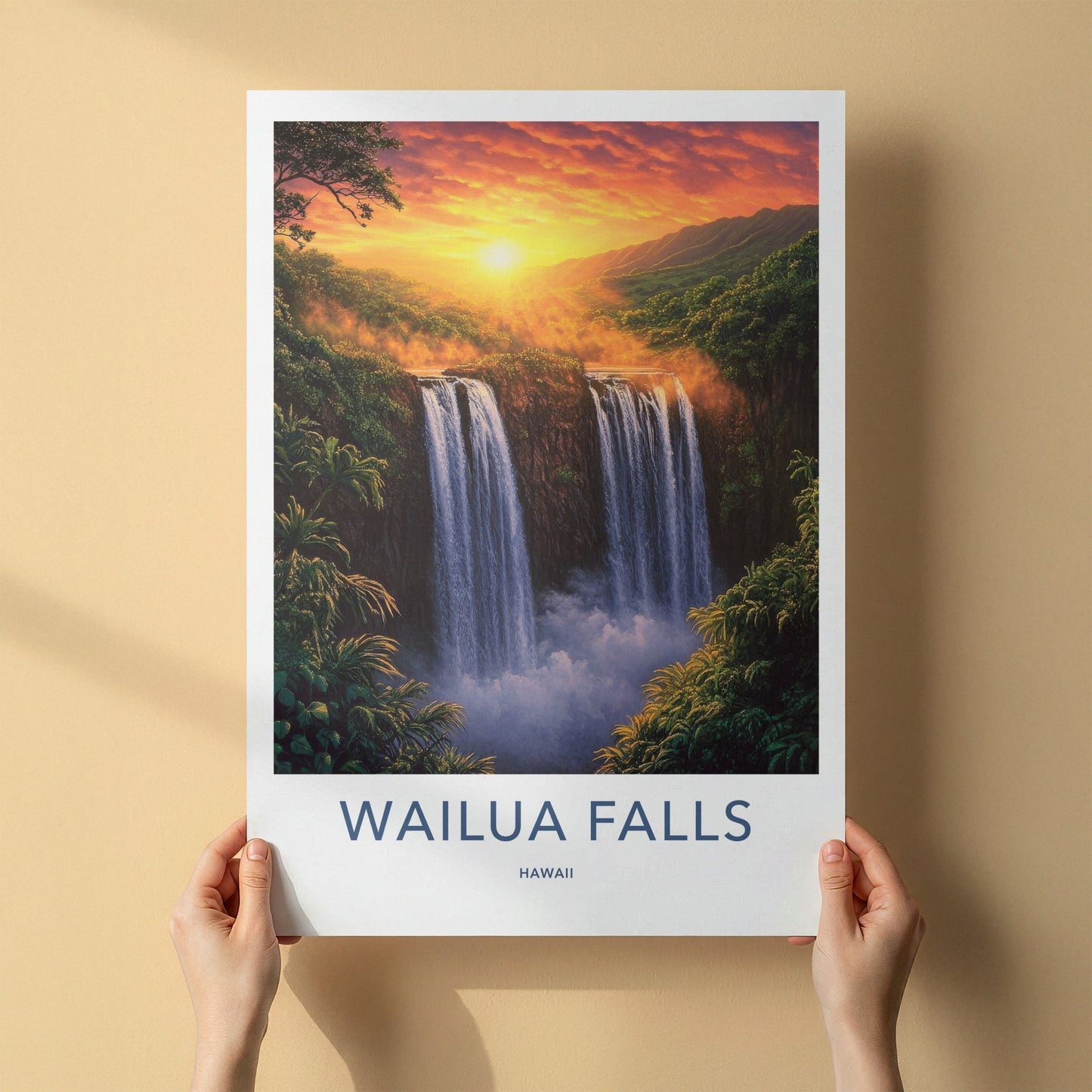 Wailua Falls Poster - Hawaii Travel Art - Golden Sunset Falls Home Decor
