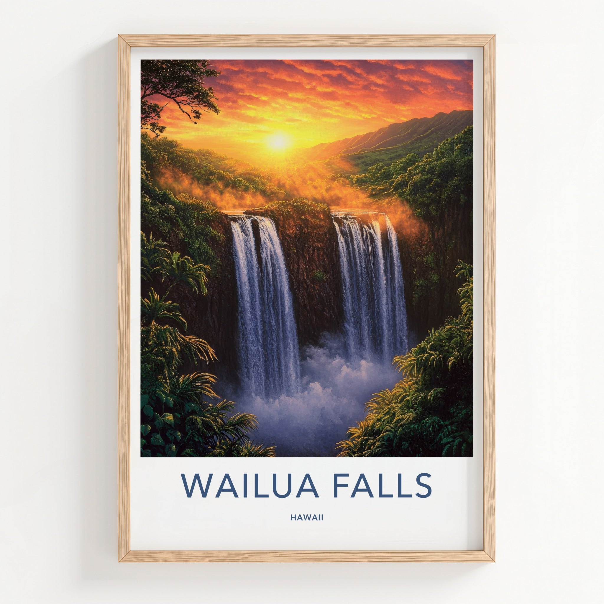 Wailua Falls Poster - Hawaii Travel Art - Golden Sunset Falls Home Decor