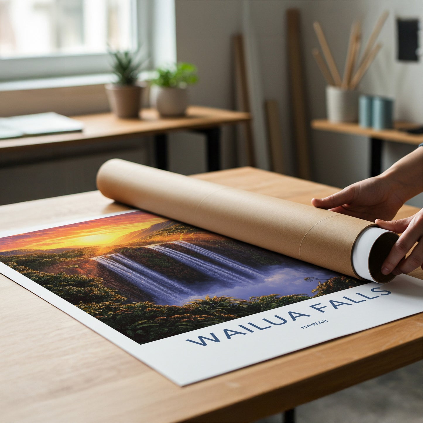 Wailua Falls Poster - Hawaii Wall Art - Sunset Tropical Falls Home Decor
