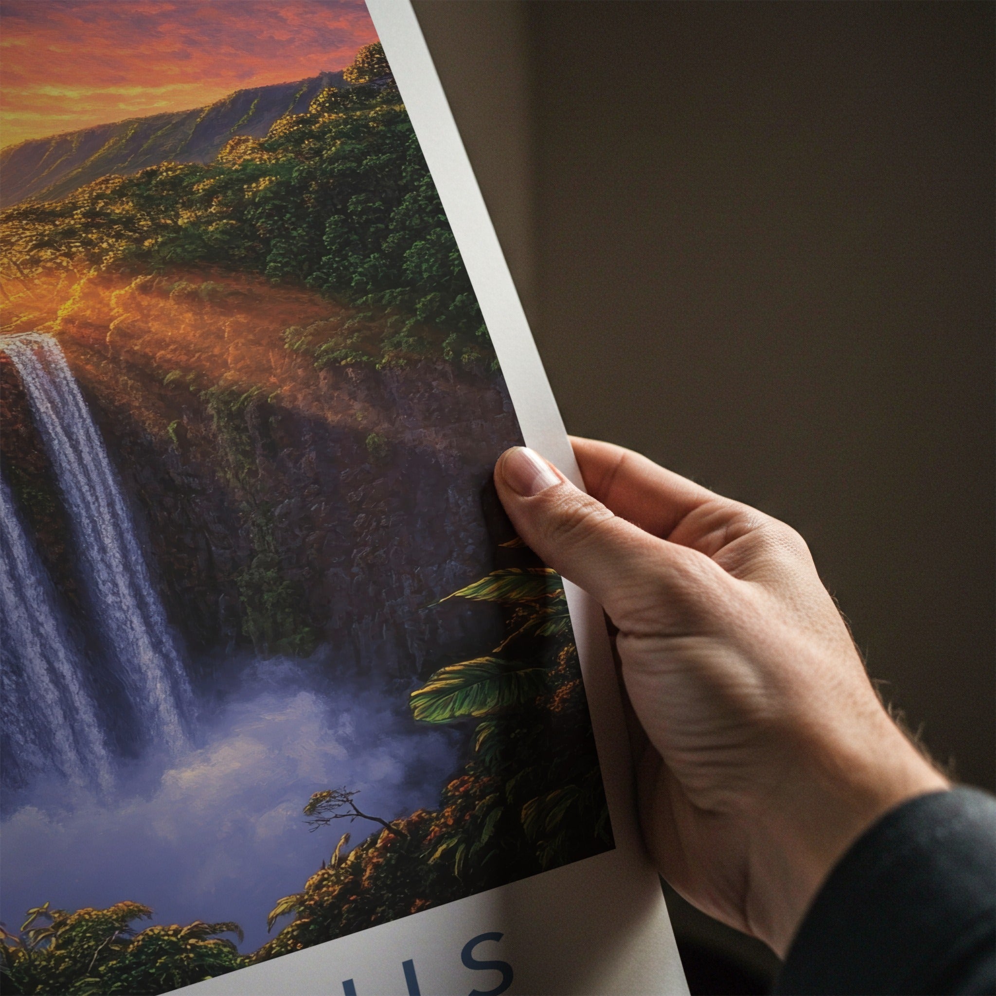 Wailua Falls Poster - Hawaii Wall Art - Sunset Tropical Falls Home Decor