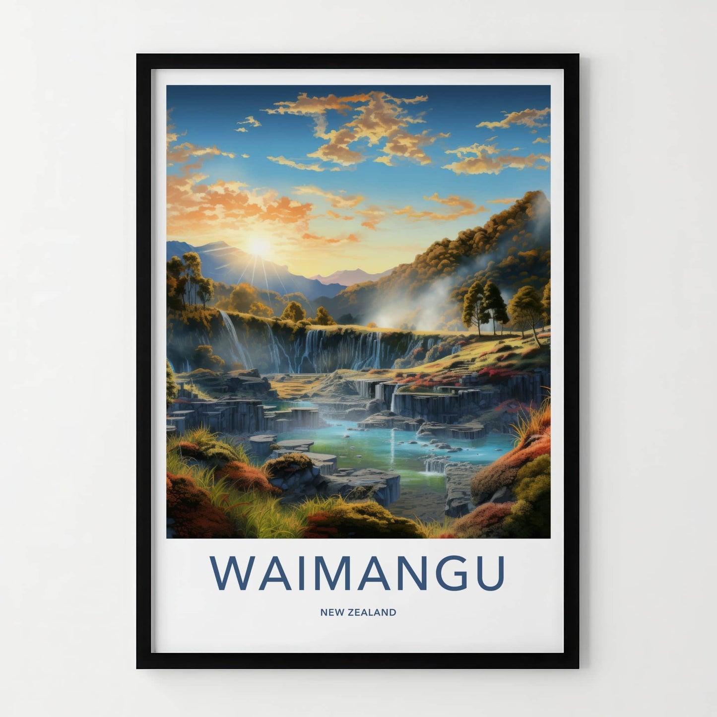 Waimangu Poster - New Zealand Travel Art - Sunset Terrace Waterfalls Home Decor