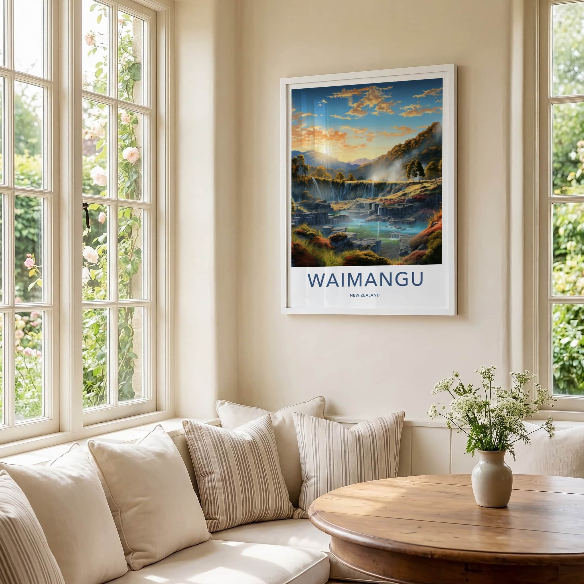 Waimangu Poster - New Zealand Travel Art - Sunset Terrace Waterfalls Home Decor