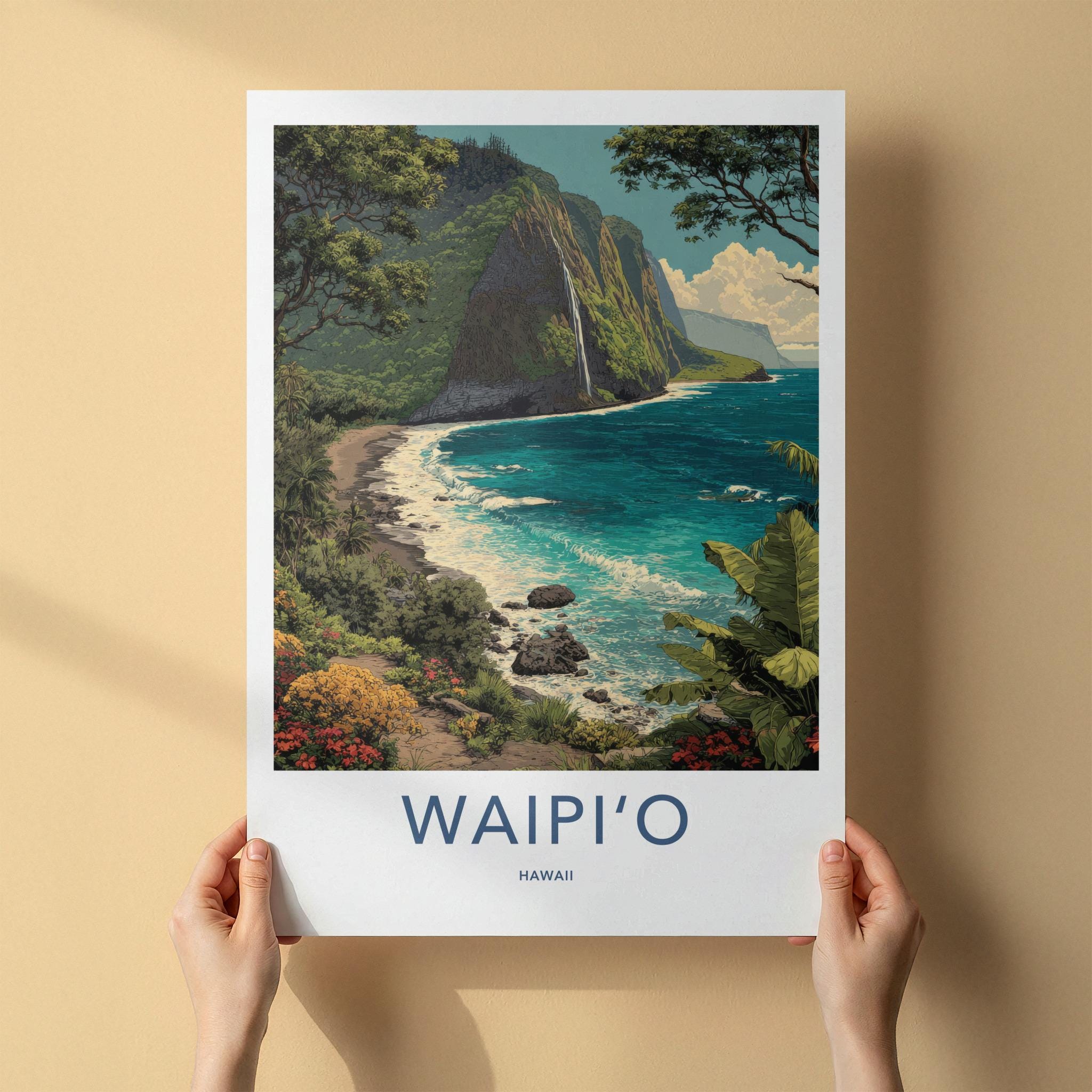 Waipio Poster - Hawaii Travel Art - Coastal Cliff Waterfall Home Decor