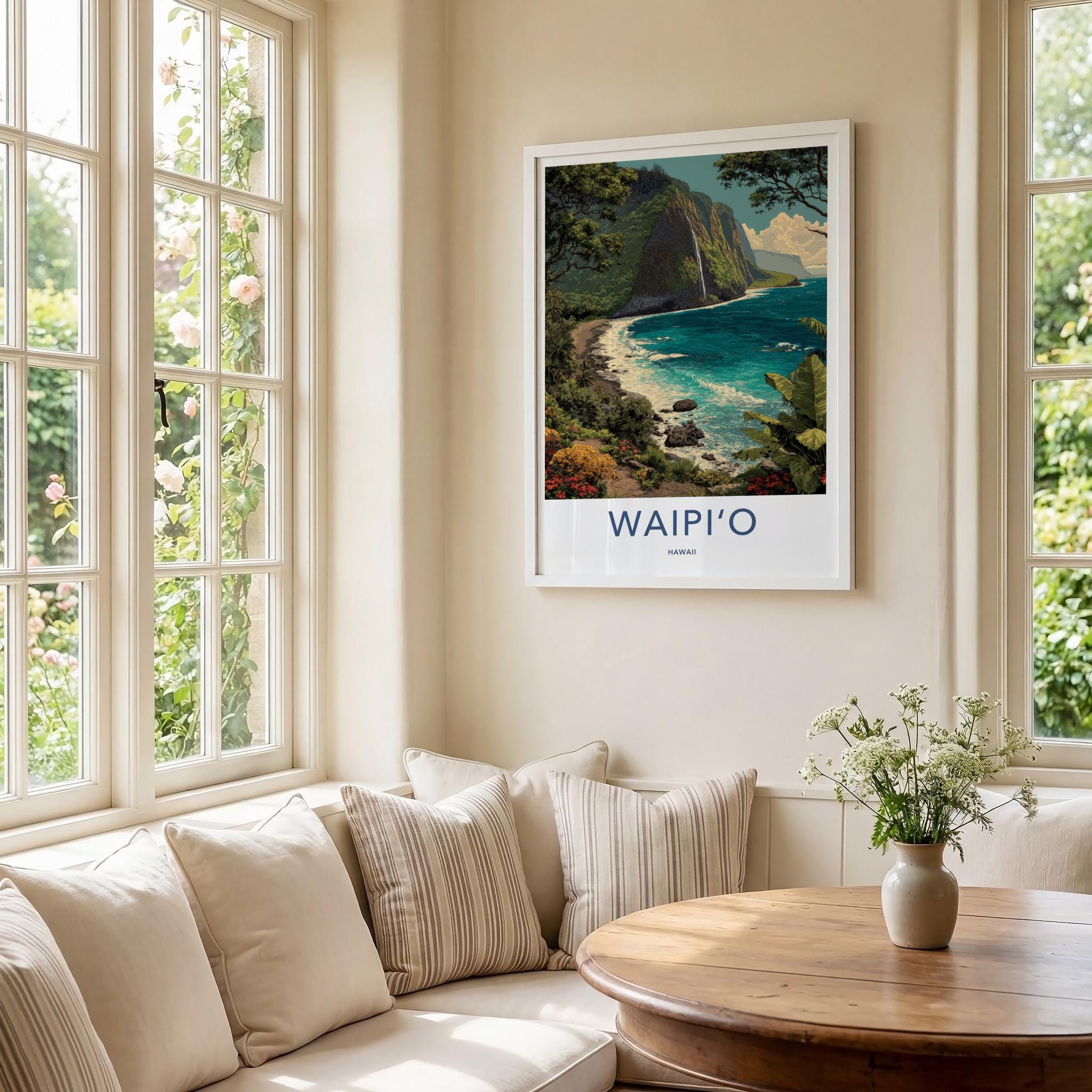 Waipio Poster - Hawaii Travel Art - Coastal Cliff Waterfall Home Decor